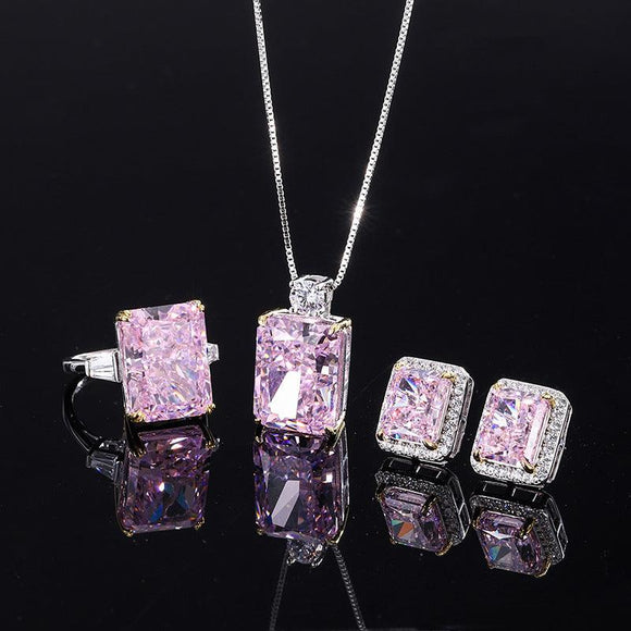 925 Sterling Silver Simulated Pink Diamonds Jewelry Set Radiant Cut Brilliant Gems Pendant Ring Stud Earrings - lanciashow