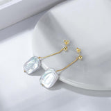 925 Sterling Silver Gold Plated Jewelry Square Baroque Pearl Drop Dangle Earrings - lanciashow